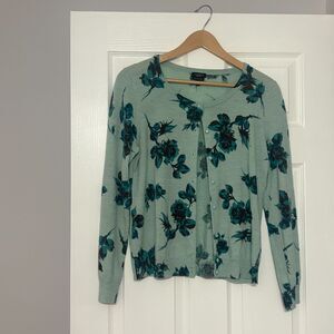 Talbot Rose Print Cardigan Sweater Womens L Green Teal Floral 100% Merino Wool